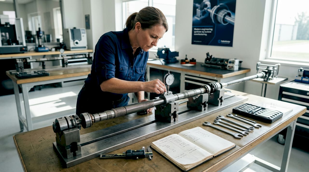 Engineer calibrates precision drive shaft alignment