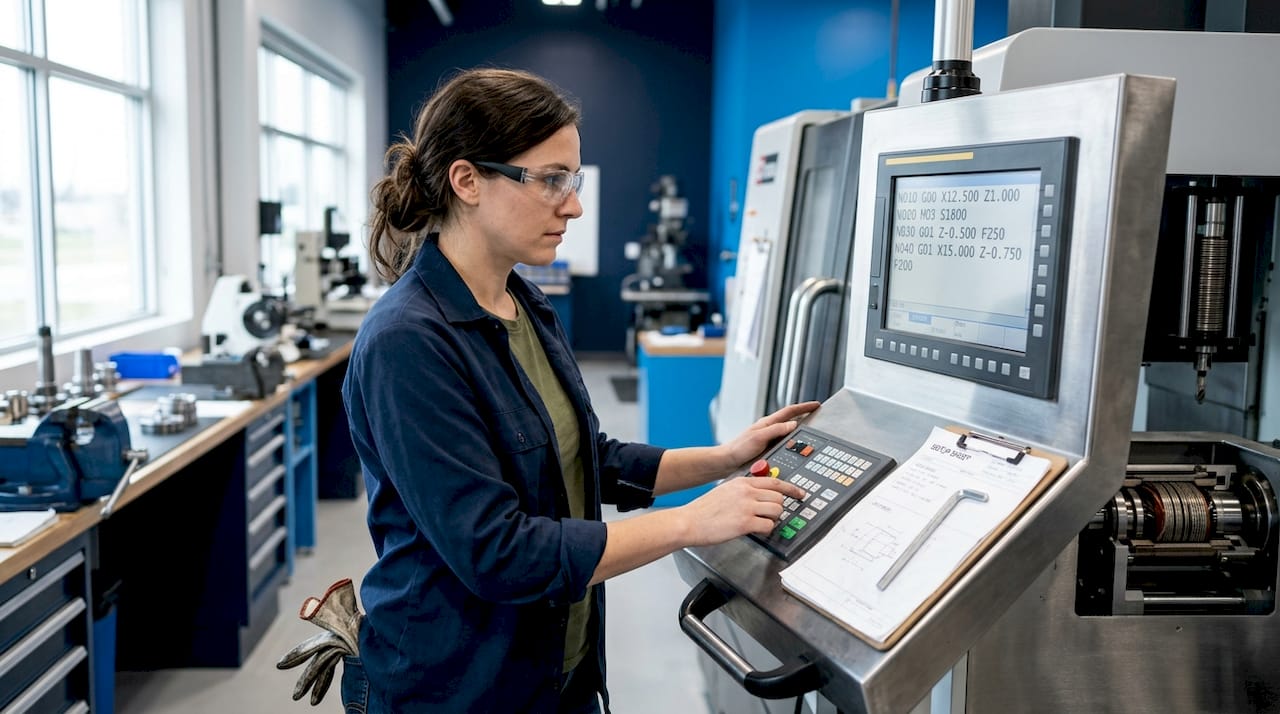 CNC operator entering data at machine panel