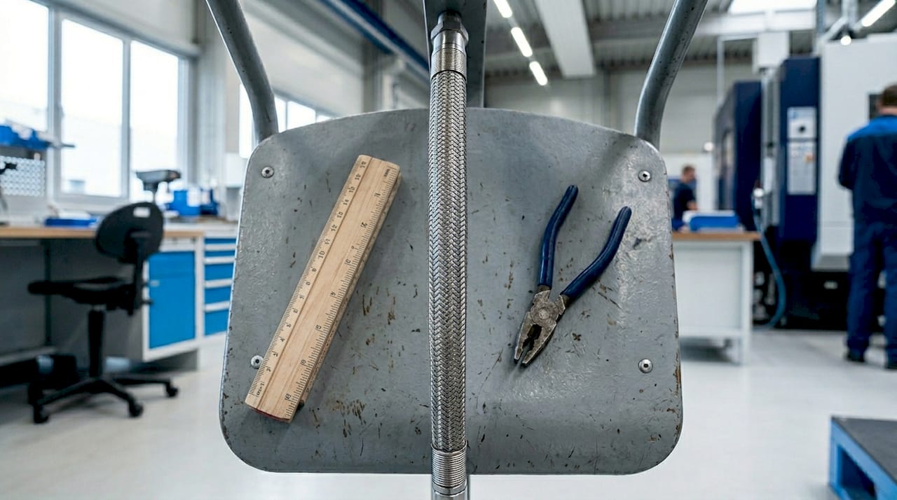 Detailaufnahme einer flexiblen Antriebswelle mit Messwerkzeugen.