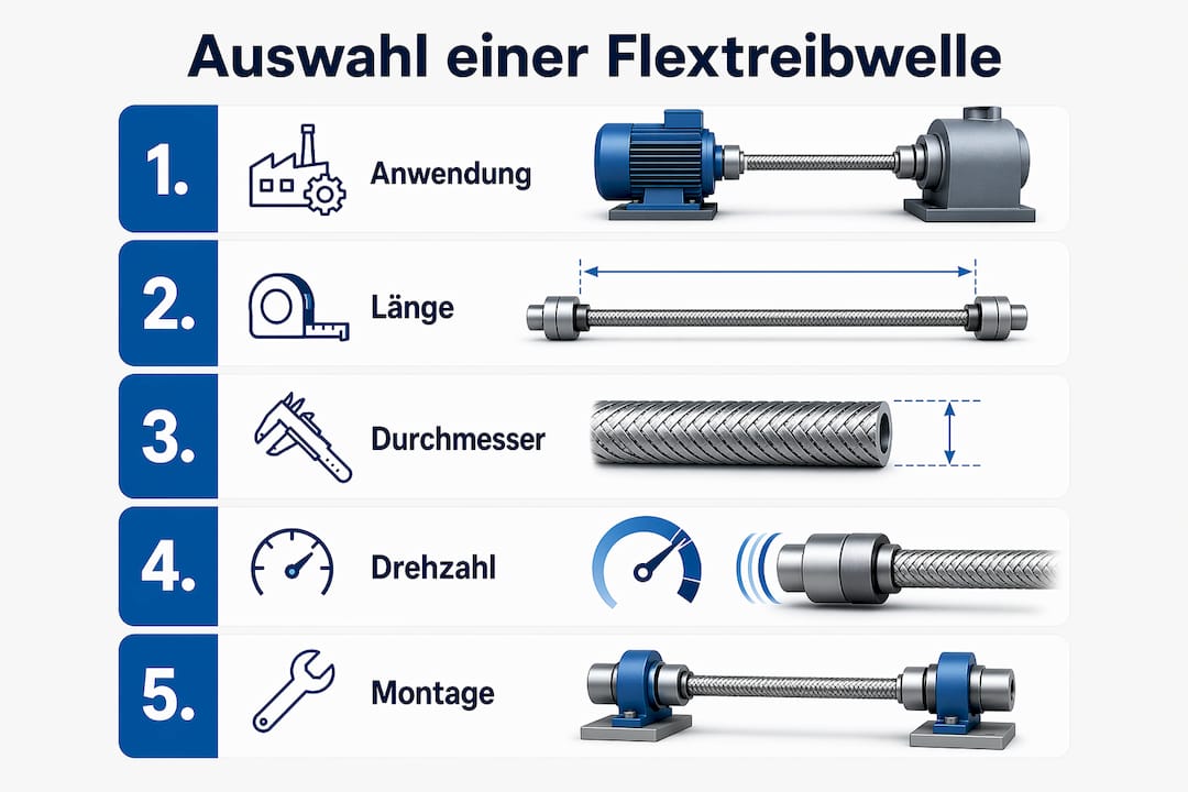 Infografik: So finden Sie die passende biegsame Welle – die wichtigsten Auswahlkriterien auf einen Blick.