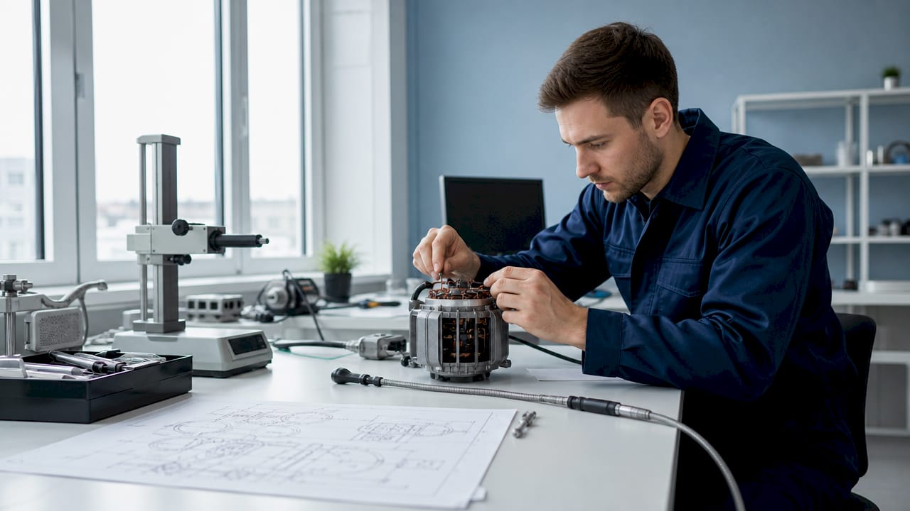 Im Labor wird ein Elektromotor mit integrierter Sensorik von Hand gehalten.