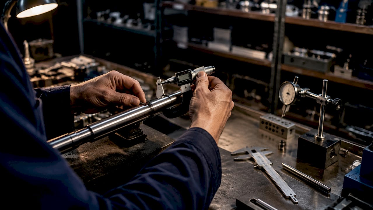 Technician measuring polished metal shaft with micrometer