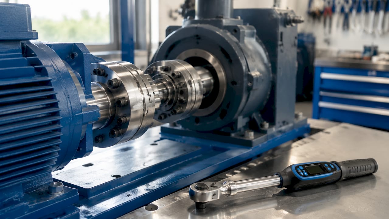 Close-up of rigid shaft coupling alignment
