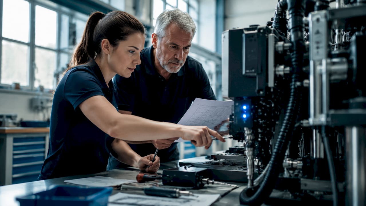Techniker überprüfen im Leitstand die Frequenzumrichter.