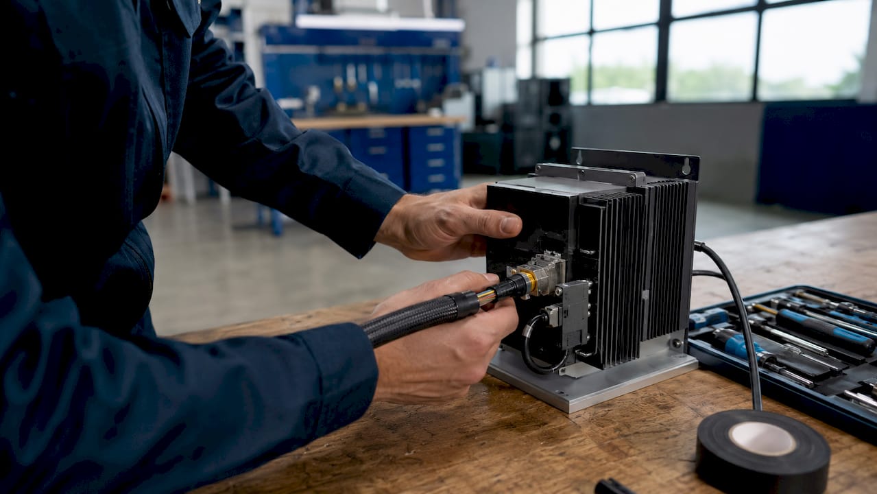 Technician connecting cable to integrated drive system