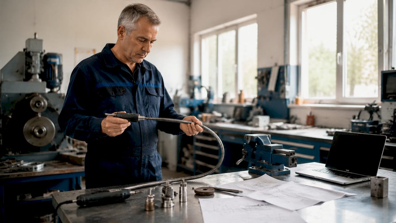 Ein Techniker überprüft eine individuell angefertigte flexible Welle auf ihre Funktionstüchtigkeit.