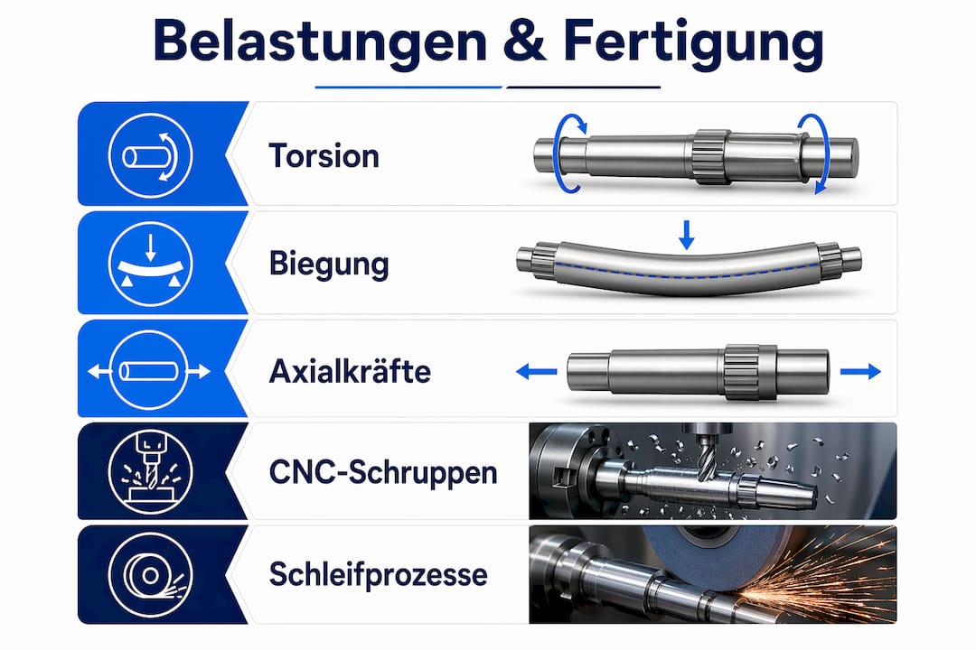 Übersichtsgrafik zu Belastungsformen und den einzelnen Fertigungsschritten von Wellen