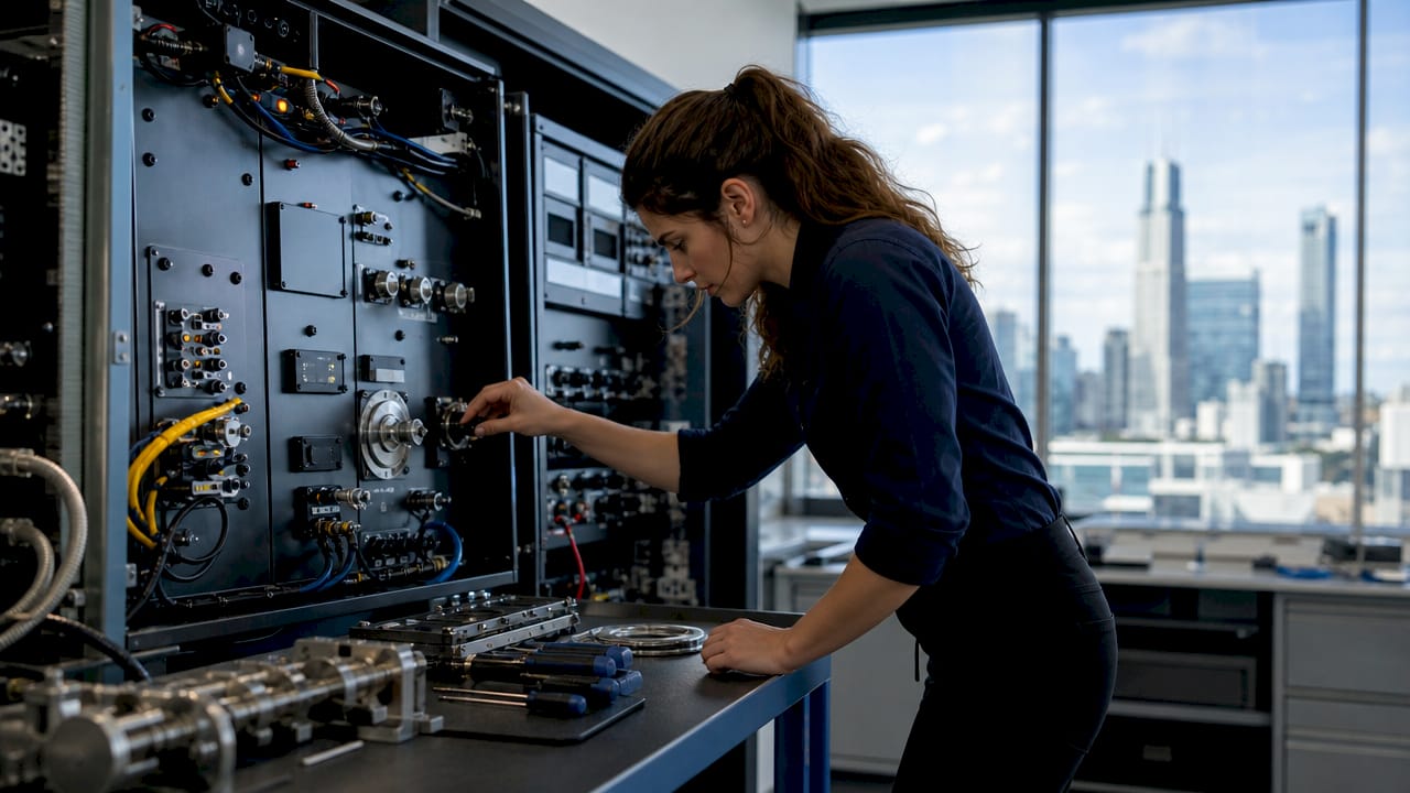 Technician hands adjusting torque control panel