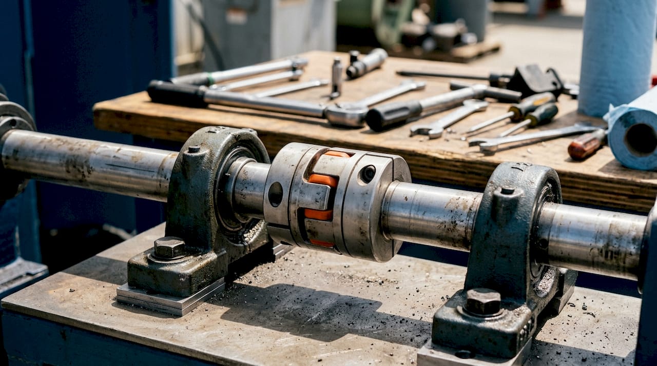Jaw coupling connecting two metal shafts in factory
