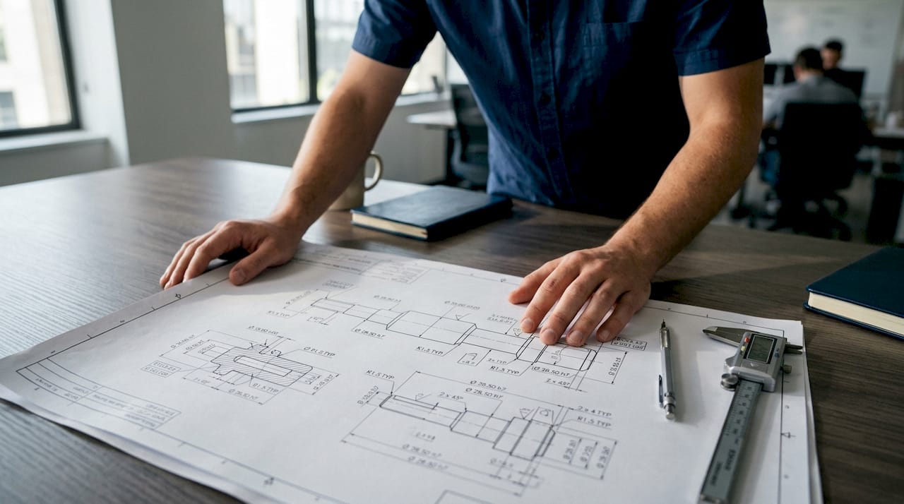 Engineer reviewing custom shaft design drawings