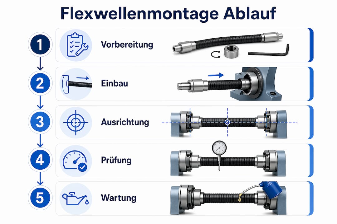 Ablauf der Flexwellenmontage als anschauliche Infografik