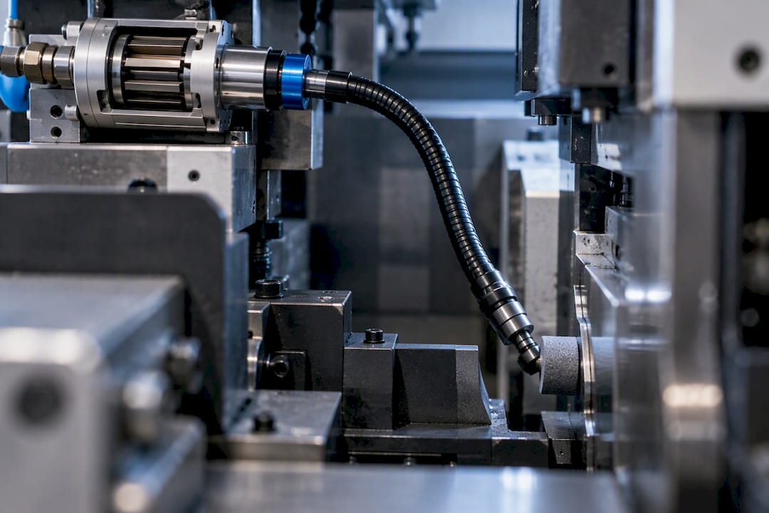 Druckluftmotor mit gebogener Flexwelle im Maschinenmodul