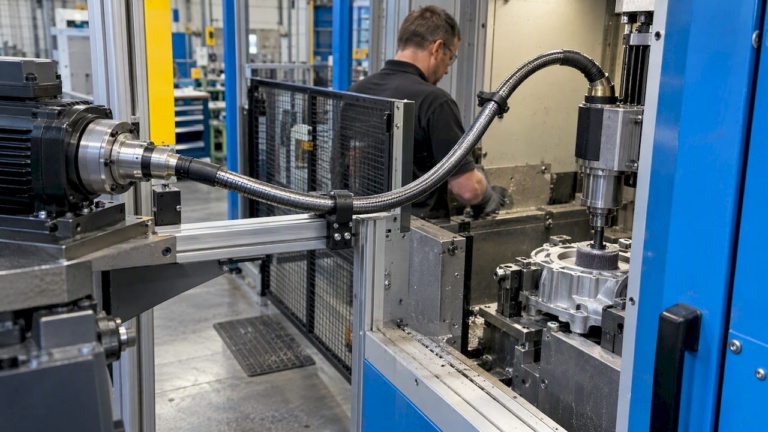 Wound flexible shaft routed through deburring cell