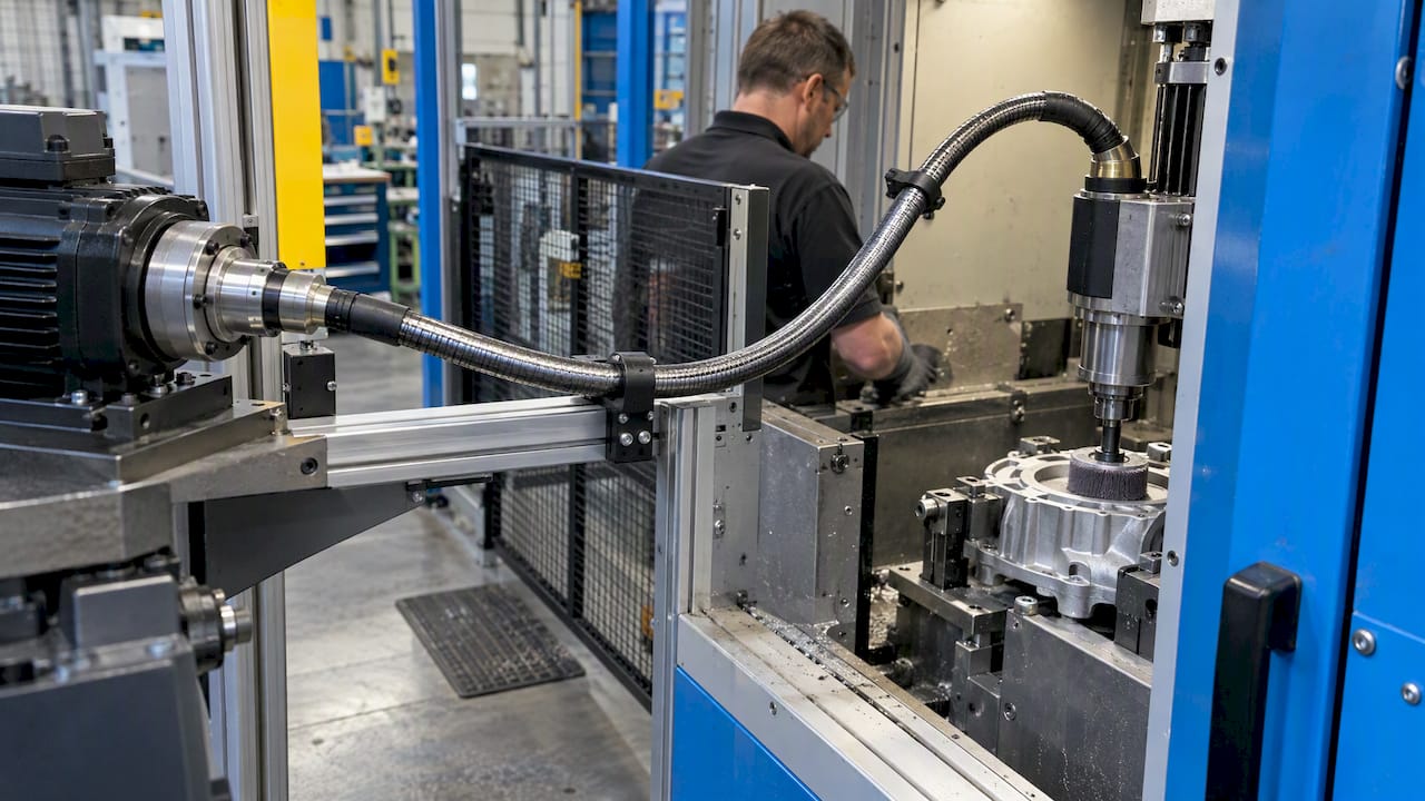 Wound flexible shaft routed through deburring cell