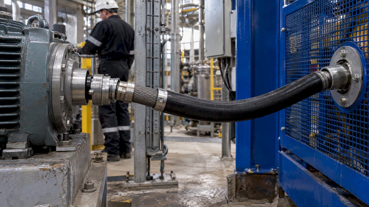 Flexible shaft routed into guarded process machinery