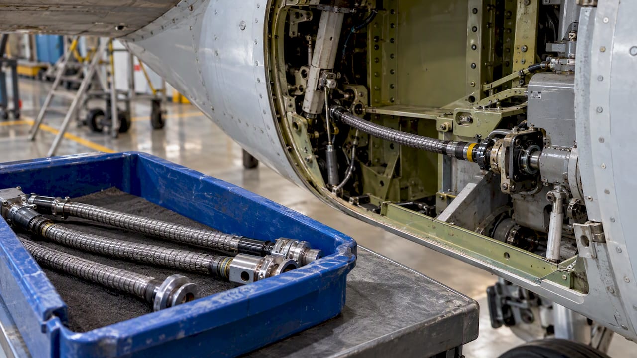 Flexible-shaft spares beside an aircraft actuator route