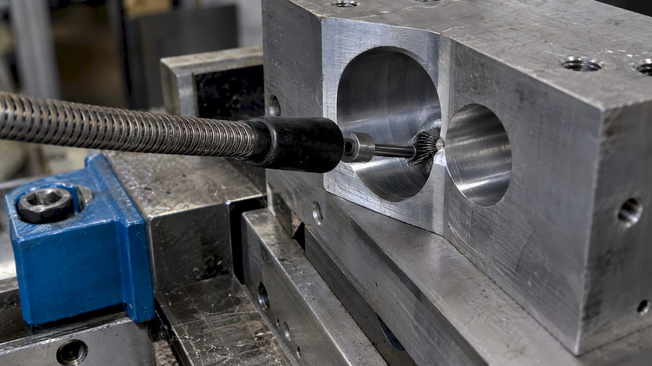 Flexible shaft tool reaching a cross-hole burr