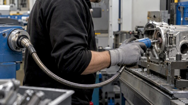 Flexible shaft tool deburring a metal component