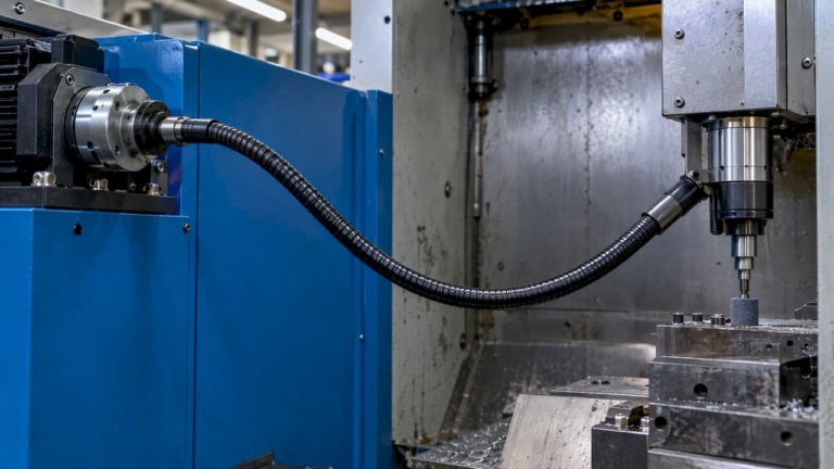 Flexible Welle, die sich in weitem Bogen im Maschinenmodul bewegt