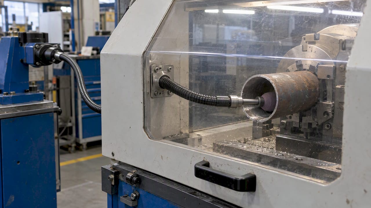 Die Flexwelle verläuft geschützt bis zum Schleifkopf im Rohr